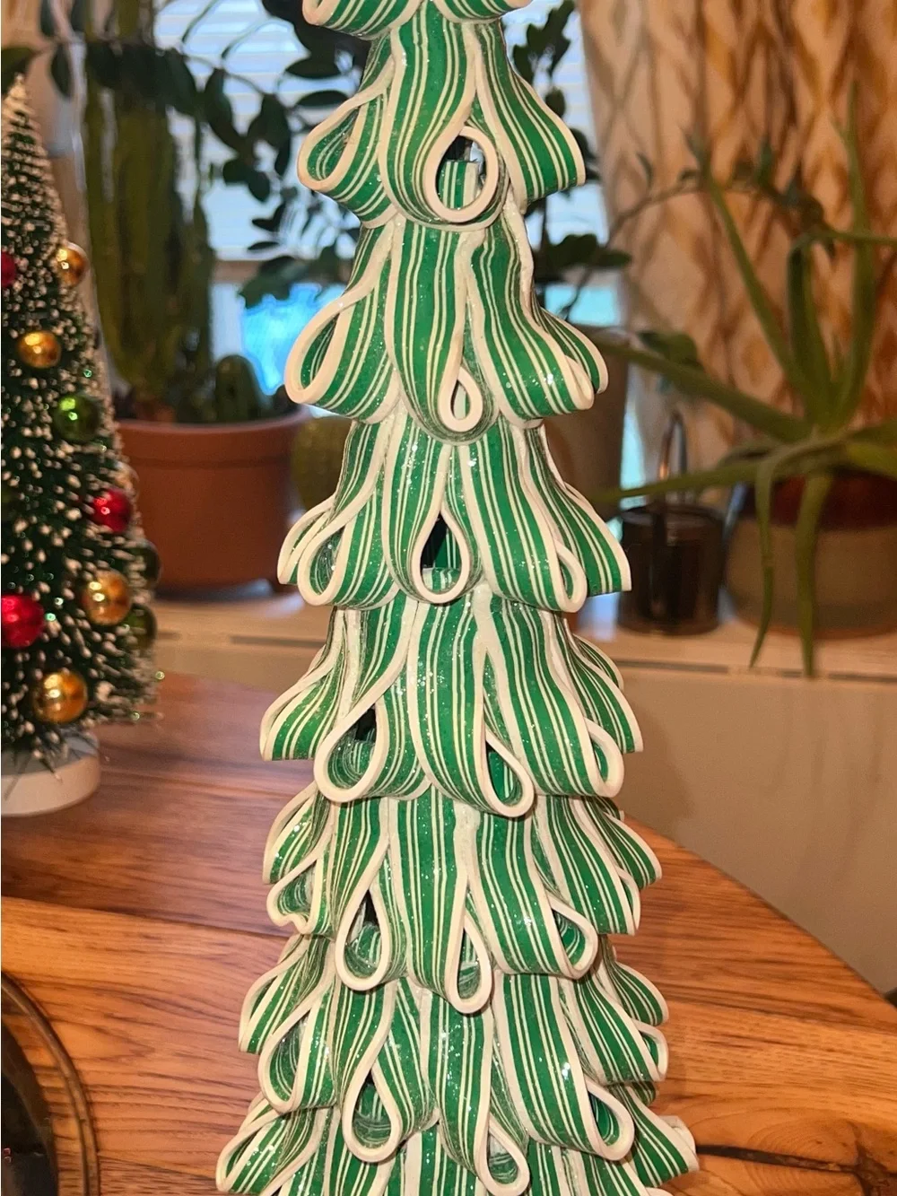Light-Up Clay Peppermint Christmas Tree Sculpture Holiday Decor Candy Cane 17”
